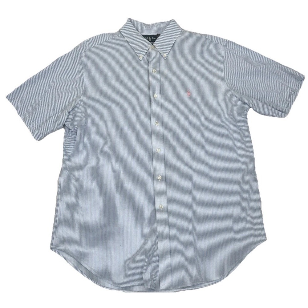 Vintage Polo Ralph Lauren Shirt Short Sleeve XL Blue Stripe Seersucker Pony‎